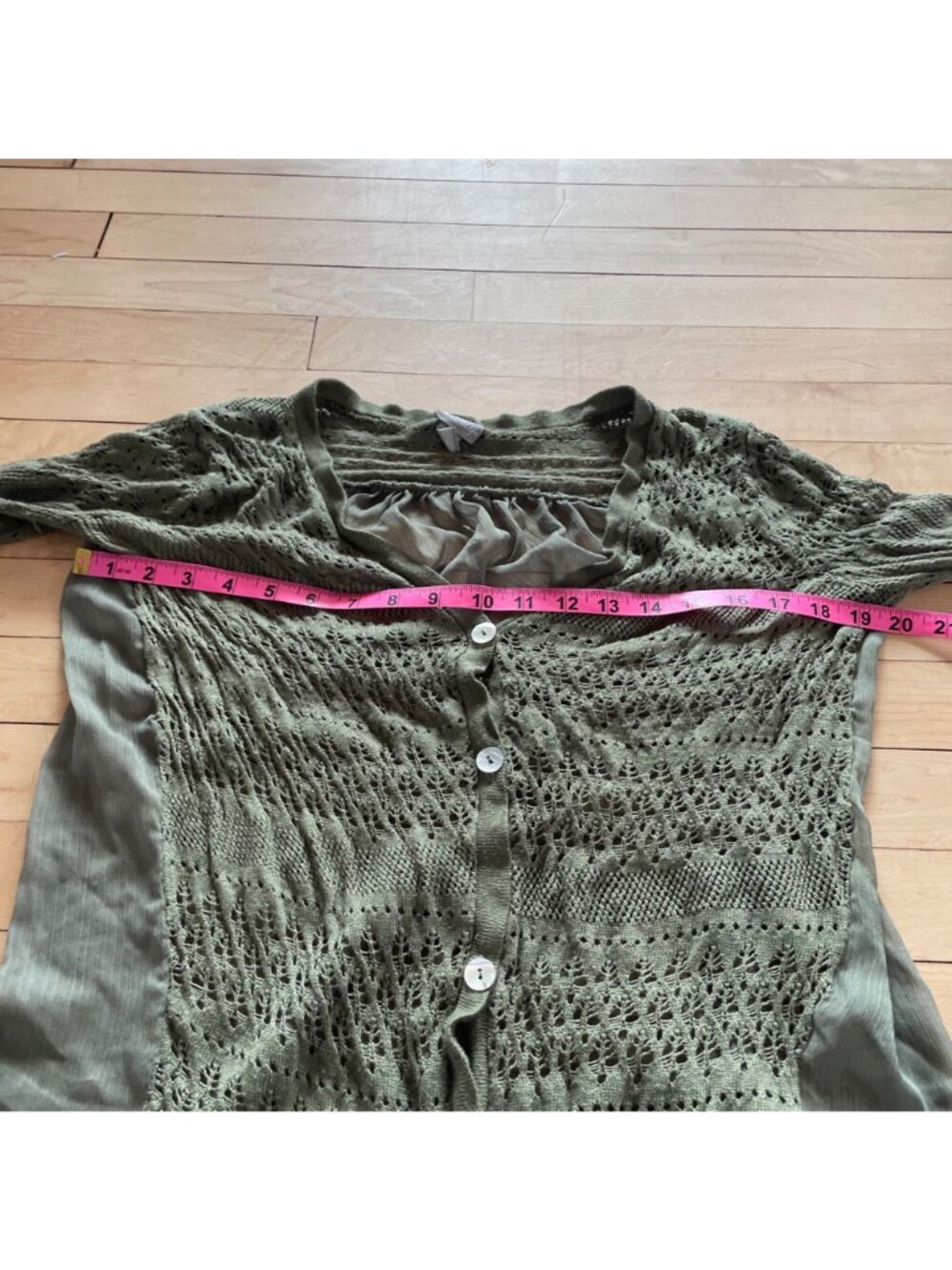 Vintage Vanity Boho Pointelle Knit Cardigan XL Sheer Cottagecore Green Indie - Picture 3 of 5